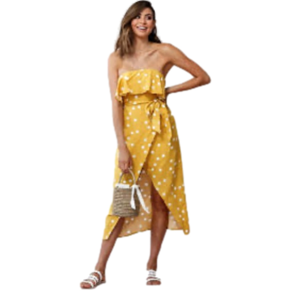 Strapless Yellow Polka Dot Midi Dress with Tie Waist